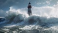 AI generated illustration of a lighthouse surrounded by crashing waves on a beautiful oceanic water