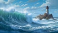 AI generated illustration of a lighthouse surrounded by crashing waves on a beautiful oceanic water