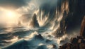 an ocean scene with rocks and a light beam coming out