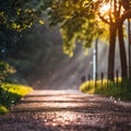 AI generated illustration of A scenic view of a park pathway with  sun shining through the trees Royalty Free Stock Photo