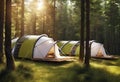 several tents are sitting in a field, surrounded by trees