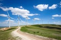 AI generated illustration of a scenic view of several wind turbines on the rolling hills