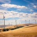 AI generated illustration of a scenic view of several wind turbines on the rolling hills