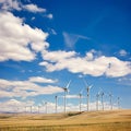 AI generated illustration of a scenic view of several wind turbines on the rolling hills