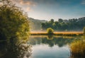 AI-generated illustration of A scenic view of a tranquil riverbank landscape featuring a lush forest Royalty Free Stock Photo