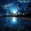 AI generated illustration of a scenic view of a tropical beach with a moon illuminating the night Royalty Free Stock Photo