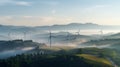 AI generated illustration of a scenic view of a wind farm located on a hillside Royalty Free Stock Photo