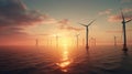 AI generated illustration of a scenic view of wind turbines in the ocean