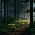 AI generated illustration of a scenic winding road through a lush green forest Royalty Free Stock Photo