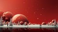 AI generated illustration of a winter landscape with snow-covered trees and red spheres