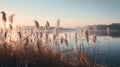 reedy plants on the shore of a lake in winter