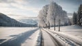 AI generated illustration of A scenic winter landscape with a snowy tree-lined road Royalty Free Stock Photo