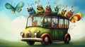 AI generated illustration of a school bus parked in a grassy meadow, filled with colorful insects