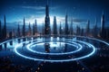 AI generated illustration of a sci-city, with a circular lighting system and futuristic buildings Royalty Free Stock Photo