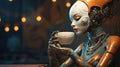 AI generated illustration of a sci-fi female robot enjoying a cup of tea