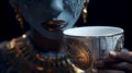 AI generated illustration of a sci-fi female robot enjoying a cup of tea