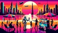 AI generated illustration of a sci-fi scene of a cityscape with a robotic alien selling ice cream