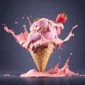 AI generated illustration of a scoop of strawberry ice cream in a waffle cone