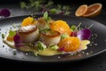 AI generated illustration of scrumptious plate of freshly cooked scallops garnished