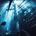 a diver is going under the surface of the ship as it is underwater Royalty Free Stock Photo