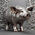 AI generated illustration of a sculpted pig adorned with floral accents encircling its body