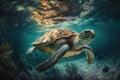 AI generated illustration of a sea turtle swimming under the ocean surface in the water Royalty Free Stock Photo