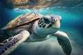 AI generated illustration of a sea turtle swimming under the ocean surface in the water Royalty Free Stock Photo