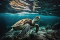 AI generated illustration of a sea turtle swimming under the ocean surface in the water Royalty Free Stock Photo