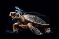 AI generated illustration of a sea turtle tangled in plastic struggling to swim