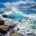 AI generated illustration of sea waves crashing against rocks Royalty Free Stock Photo