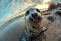 AI generated illustration of a seal on the beach gazes up and smiles for the camera Royalty Free Stock Photo