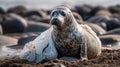 AI generated illustration of a seal wrapped in plastic on the beach, environmental pollution concept Royalty Free Stock Photo