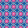 AI generated illustration of a seamless pattern of blue and pink crocheted flowers Royalty Free Stock Photo