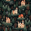 AI generated illustration of seamless pattern of houses nestled among trees in a forest