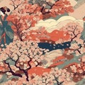 AI generated illustration of a seamless tile Japanese blossom flower bloom background with Geishas Royalty Free Stock Photo