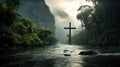 Searching for Christ, a journey towards Faith. A Cross in the luxurious green rain forest among the trees