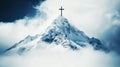 Searching for Christ, a journey towards Faith. A Cross in the peak of a snowy mountain chain amidst the clouds Royalty Free Stock Photo
