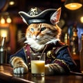 AI generated illustration of a seasoned cat pirate captain enjoying a glass of milk at local bar