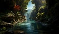 AI generated illustration of a secluded jungle stream, surrounded by lush green foliage