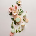 AI generated illustration of a selection of colorful macarons on a white background