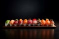 AI generated illustration of a selection of colorful sushi rolls on a dark background