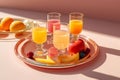 AI generated illustration of a selection of fresh fruit and glasses of juice on the table Royalty Free Stock Photo