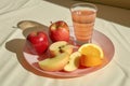 AI generated illustration of a selection of fresh fruit and glasses of juice on the table Royalty Free Stock Photo