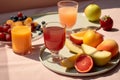 AI generated illustration of a selection of fresh fruit and glasses of juice on the table Royalty Free Stock Photo