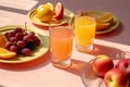 AI generated illustration of a selection of fresh fruit and glasses of juice on the table Royalty Free Stock Photo