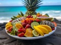 AI generated illustration of a selection of fresh fruit set against a scenic backdrop of the ocean Royalty Free Stock Photo