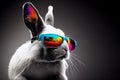 AI generated illustration of a selective color of a cool bunny with sunglasses and headphones