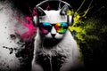 AI generated illustration of a selective color of a cool cat with sunglasses and headphones