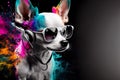 AI generated illustration of a selective color of a cool dog with sunglasses and headphones