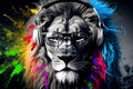 AI generated illustration of a selective color of a cool lion with sunglasses and headphones